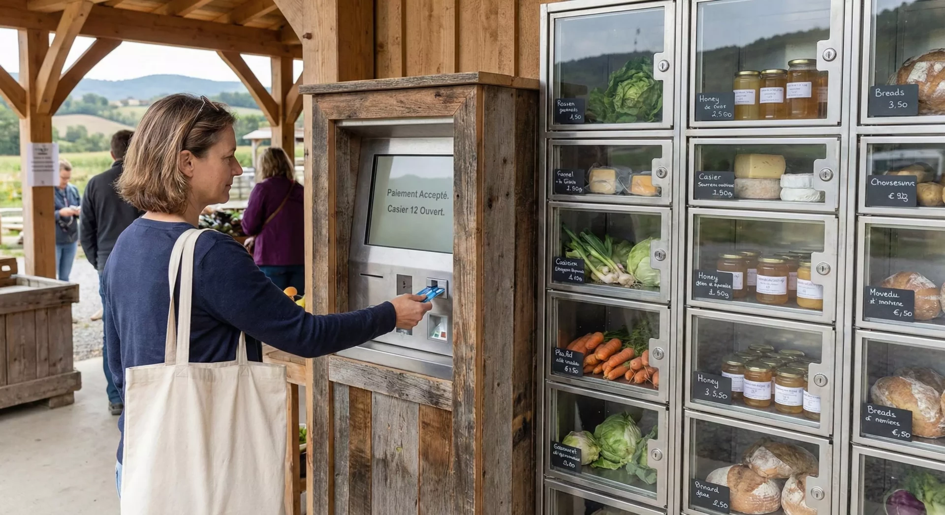 Une femme utilise une borne interactive pour payer à un marché. À côté, des étagères exposent divers produits frais et