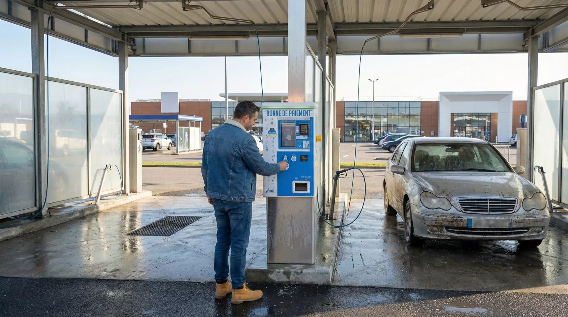 Un homme utilise une borne de paiement dans une station de lavage automatique. Une voiture est visible à l'intérieur de la 