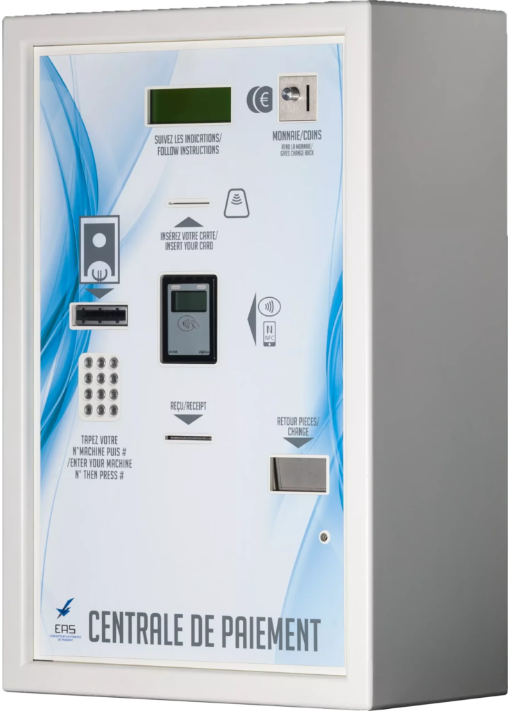 Machine de paiement avec options de carte et de monnaie, affichage numérique et boutons de commande.