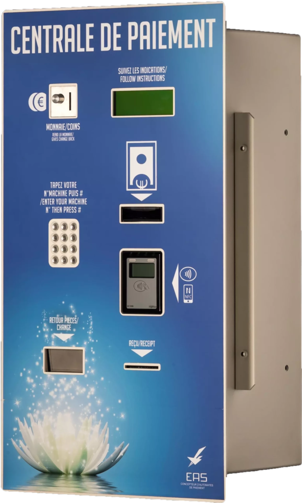 Panneau de paiement avec instructions pour insérer de l'argent, entrer un code, et recevoir de la monnaie ou un reçu.