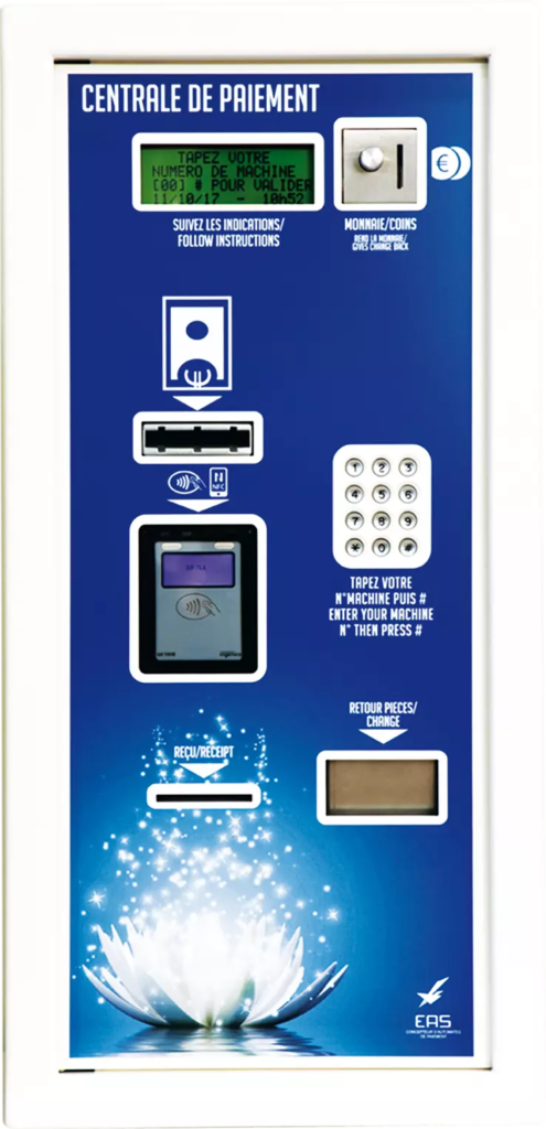 L'image montre une centrale de paiement avec des options de paiement par carte, monnaie et code machine.