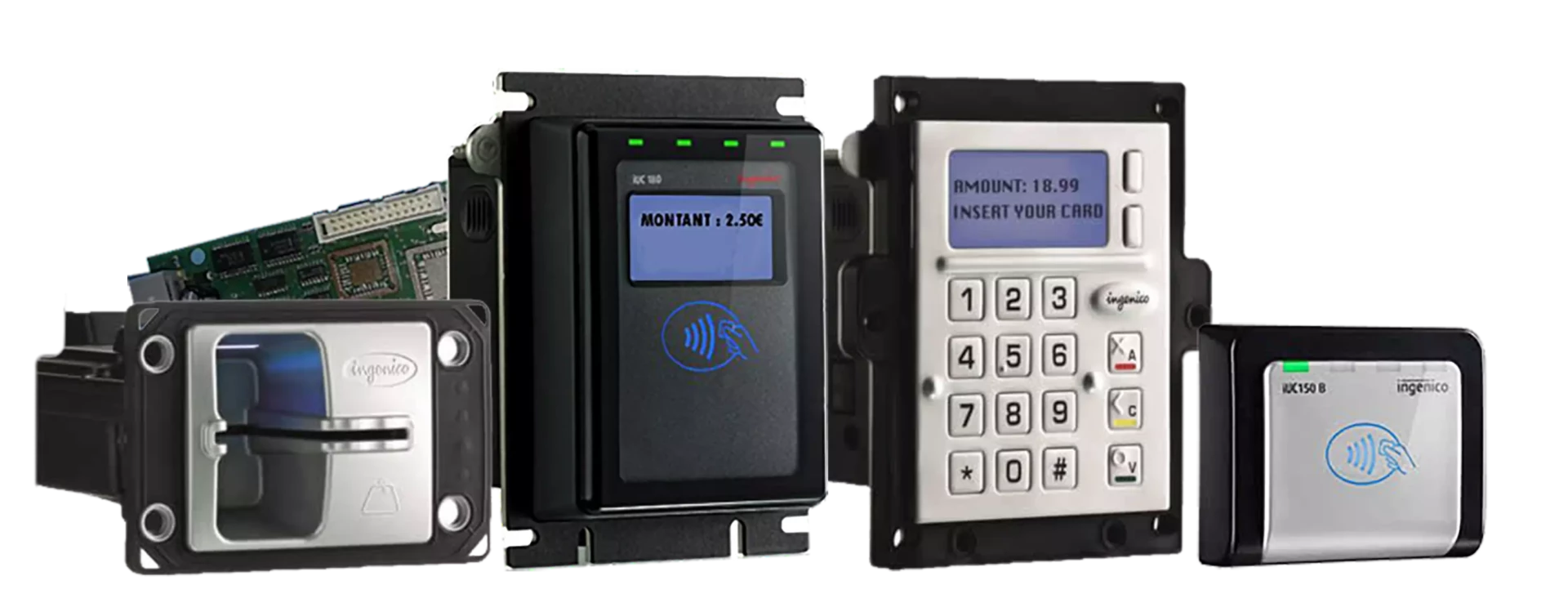 L'image montre divers terminaux de paiement, y compris des lecteurs de cartes, des claviers et des interfaces de paiement san